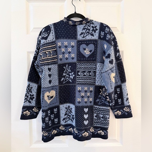 Adele Knitwear Vintage Blue Floral Patchwork Knit Sweater - Women's M - Picture 2 of 4